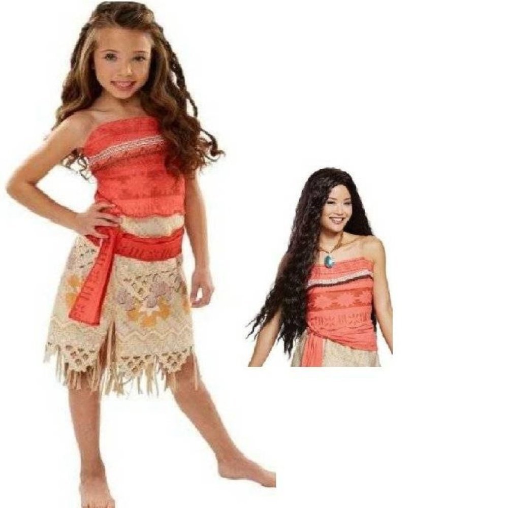 Disney Moana Halloween Costume 4/6 Wig, Halter Top & Skirt Girls 3 Pc